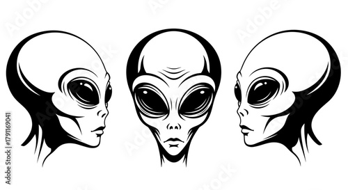 Grey Extraterrestrial Alien Head Set - Mysterious UFO Character Vector Illustration for Sci-Fi Design and Mascot
