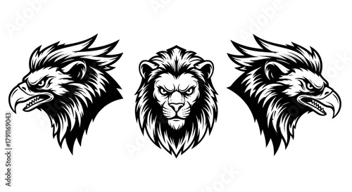 Powerful Lion Head and Gryphon Head Mascot Set - Vintage Black and White Vector Illustration for Team Logo Design