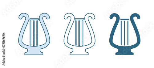 Blue Ancient Greek lyre icon isolated on white background. Classical music instrument, orhestra string acoustic element. Vector