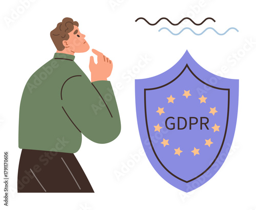 Man thinking with hand on chin beside GDPR shield icon featuring stars, symbolizing data protection. Ideal for privacy, compliance, data security, governance, legal guidance, cybersecurity, simple