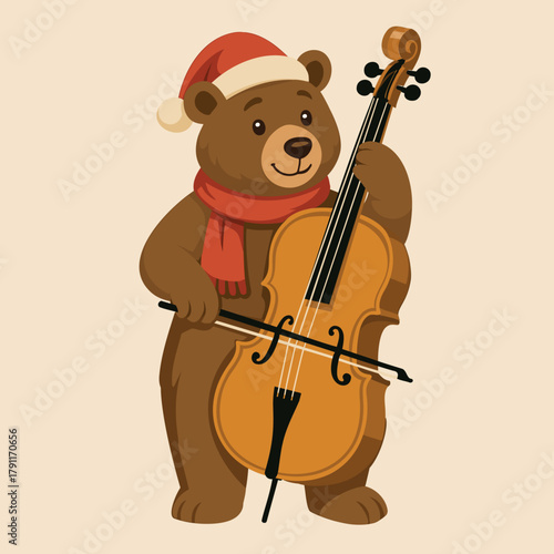 Cute Bear Playing Cello in Santa Hat – Christmas Vector Character
