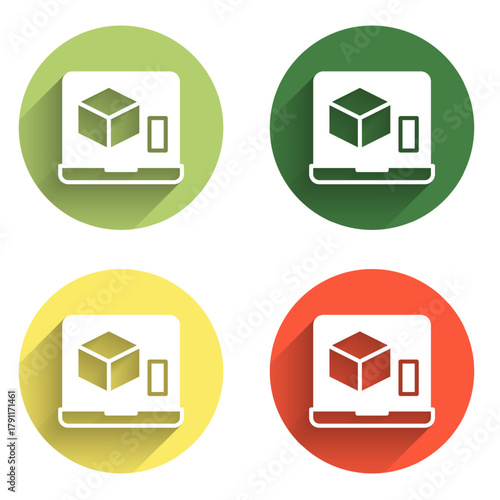 Set 3D printer icon isolated with long shadow background. 3d printing. Color circle button. Vector