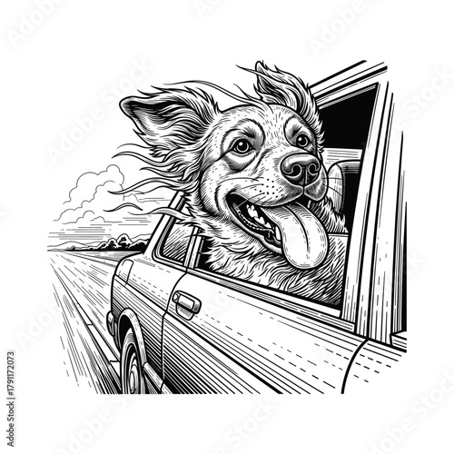 Engraving of Engraved Style Dog with Head Out the Window