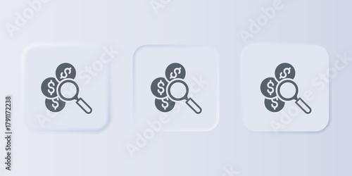 Grey Search for money icon isolated on grey background. Set icons in square buttons. Vector