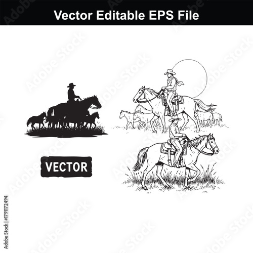 Silhouette cowboy riding herd of horses and detailed drawing of cowboys riding horses under sun