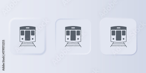 Grey Train and railway icon isolated on grey background. Public transportation symbol. Subway train transport. Metro underground. Set icons in square buttons. Vector