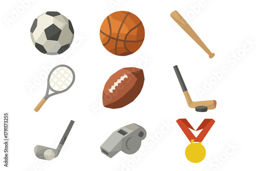 Various sports equipment including soccer ball, basketball, tennis racket, and medals on a white background