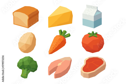 Colorful and fun food items displayed in geometric shapes for cooking and nutrition