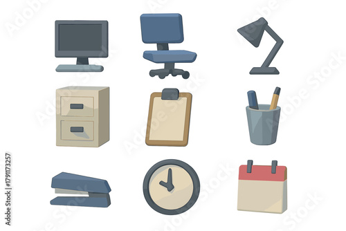 Office supplies digital illustration showing desk items like a computer, chair, lamp, and organizer in simple design