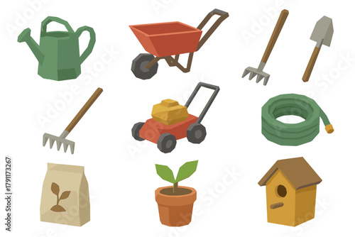 Gardening tools and supplies arranged in a colorful layout for outdoor activities in spring or summer