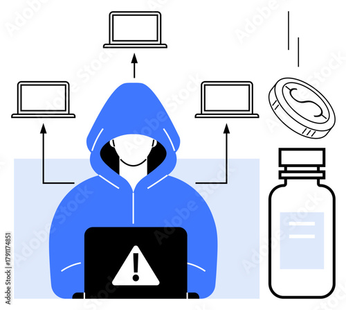 Hooded figure at laptop with alert icon, linked devices, coins, pill bottle. Ideal for technology, cybersecurity, online fraud, healthcare risks, hacking financial threats simple flat metaphor