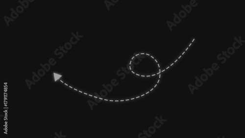 4k Long dotted line arrow animation to indicate an object. arrow animation following wavy dotted line. target arrow icon on black background.