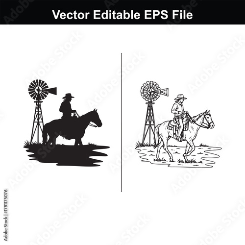 Silhouette and line art of a cowboy on horseback with a windmill in the background, vector editable eps file