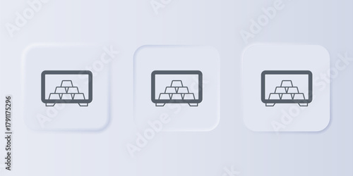 Grey Safe with gold bars icon isolated on grey background. Precious metals on deposit in bank. Metallic treasury. Reliable data protection. Set icons in square buttons. Vector