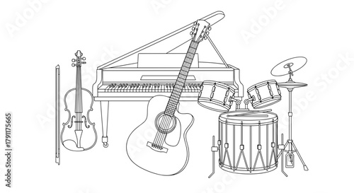 Illustration of various musical instruments in a line drawing style