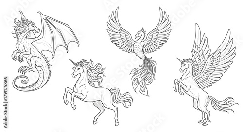 Illustration of a dragon unicorn phoenix and winged unicorn line art