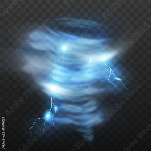 Realistic tornado storm, hurricane wind vortex, vector 3D cyclone twister storm with lightning bolt, air vortex funnel