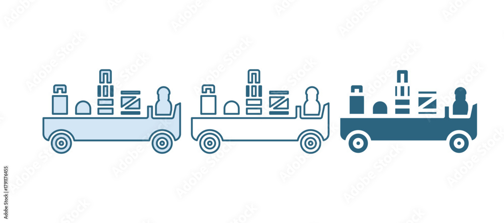 Obraz premium Blue Airport luggage towing truck icon isolated on white background. Airport luggage delivery car. Vector