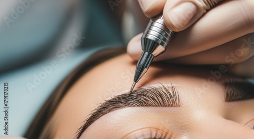 Close-up of a professional applying eyebrow microblading pigment to a client
