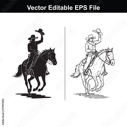 Silhouette cowboy raising hat while riding horse, contrasted with detailed drawing of cowboy on horseback tipping hat