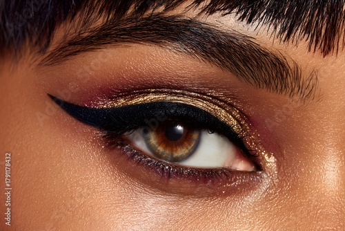 Woman's eye with a gold and black eyeliner. The eyeliner is applied in a winged style, extending from the inner corner of the eye to the outer corner