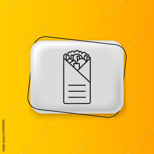 Black Doner kebab icon isolated on yellow background. Shawarma sign. Street fast food menu. Silver rectangle button. Vector