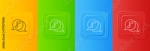 White Musical note in speech bubble icon isolated on colorful background. Music and sound concept. Set icons in square buttons. Vector