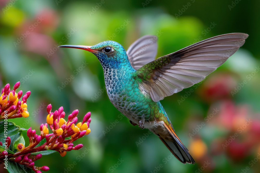 Obraz premium A Vibrant Hummingbird Hovers Near Colorful Tropical Flowers in Lush Greenery