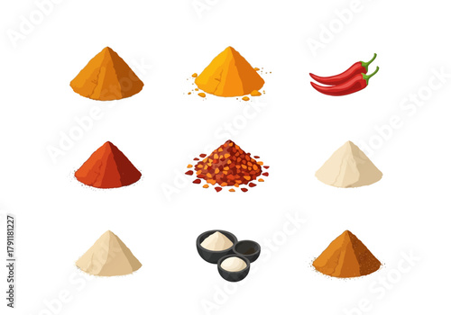 Nine icons of spices and chili peppers arranged in a 3x3 grid
