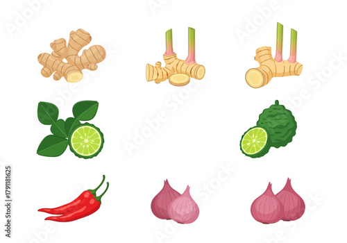 Six pairs of Thai culinary ingredients displayed in a threebytwo grid layout
