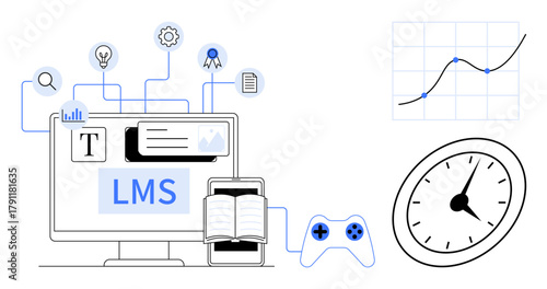 Digital LMS interface and connected elements including open book, game controllers, clock, analytics chart, and icons for tools and skills. Ideal for e-learning, productivity, analytics, time