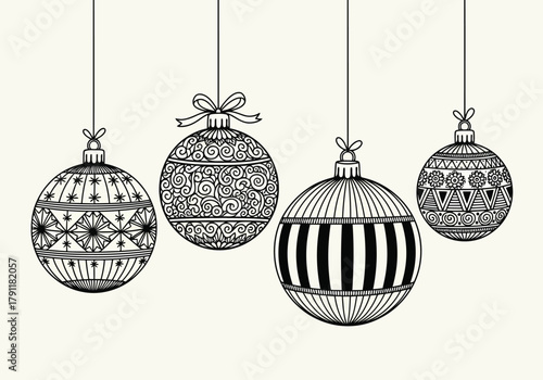 Christmas vector four decorative christmas ornaments hanging on strings