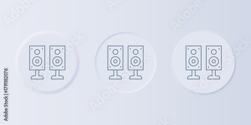 Grey Stereo speaker icon isolated on grey background. Sound system speakers. Music icon. Musical column speaker bass equipment. Set icons in square buttons. Vector