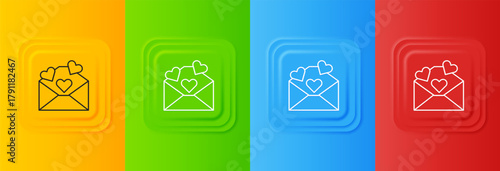 White Envelope with Valentine heart icon isolated on colorful background. Message love. Letter love and romance. Set icons in square buttons. Vector