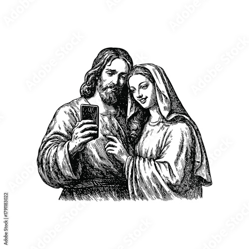 Vintage Jesus and Mary Taking Selfie Engraving