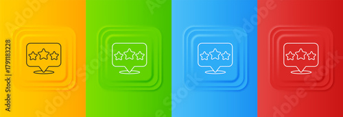 White Five stars customer product rating review icon isolated on colorful background. Favorite, best rating, award symbol. Set icons in square buttons. Vector
