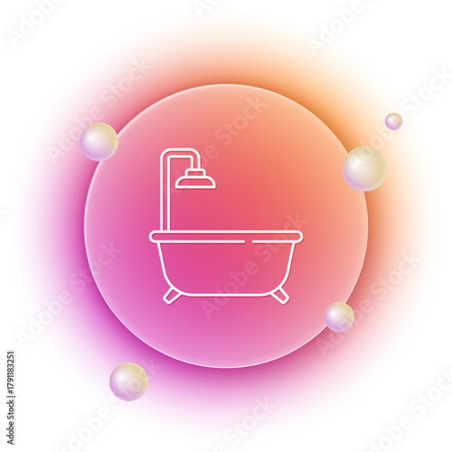 White Bathtub with shower icon isolated on white background. Orange and pink gradient circle background. Vector