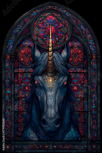 Stained glass unicorn with intricate floral design in bold colors  