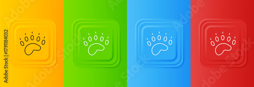 White Bear paw footprint icon isolated on colorful background. Set icons in square buttons. Vector