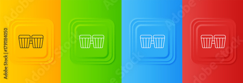 White Drum icon isolated on colorful background. Music sign. Musical instrument symbol. Set icons in square buttons. Vector