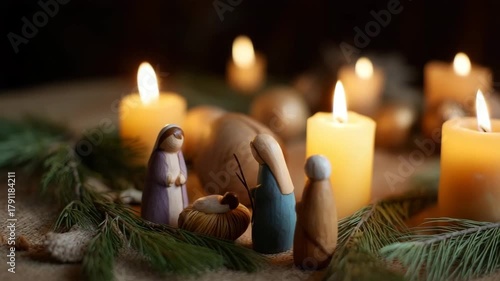 Orthodox Nativity Scene with Handmade Figures and Candlelight in Warm Atmosphere