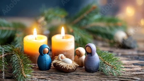 Handmade Orthodox nativity scene with candles and evergreen twigs in warm light.