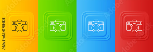 White Photo camera icon isolated on colorful background. Foto camera icon. Set icons in square buttons. Vector
