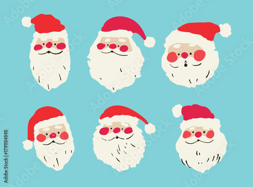 Cute Santa Claus Faces Collection - Hand Drawn Christmas Character Vector Set