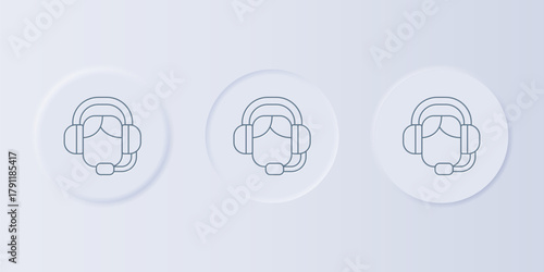 Grey Woman with a headset icon isolated on grey background. Support operator in touch. Concept for call center, client support service. Set icons in square buttons. Vector