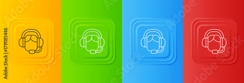 White Woman with a headset icon isolated on colorful background. Support operator in touch. Concept for call center, client support service. Set icons in square buttons. Vector