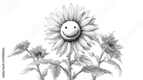 Cheerful Sunflower Black and White Drawing with Smile - Professional Image for Design Projects