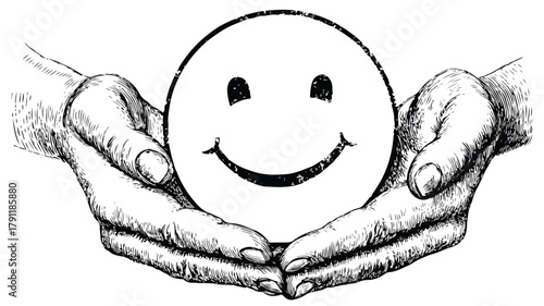 Smiling Face with Hands in Black and White