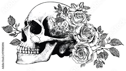 Stylish Black and White Skull with Floral Design Vector Illustration