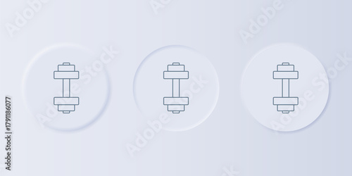 Grey Dumbbell icon isolated on grey background. Muscle lifting icon, fitness barbell, gym, sports equipment, exercise bumbbell. Set icons in square buttons. Vector